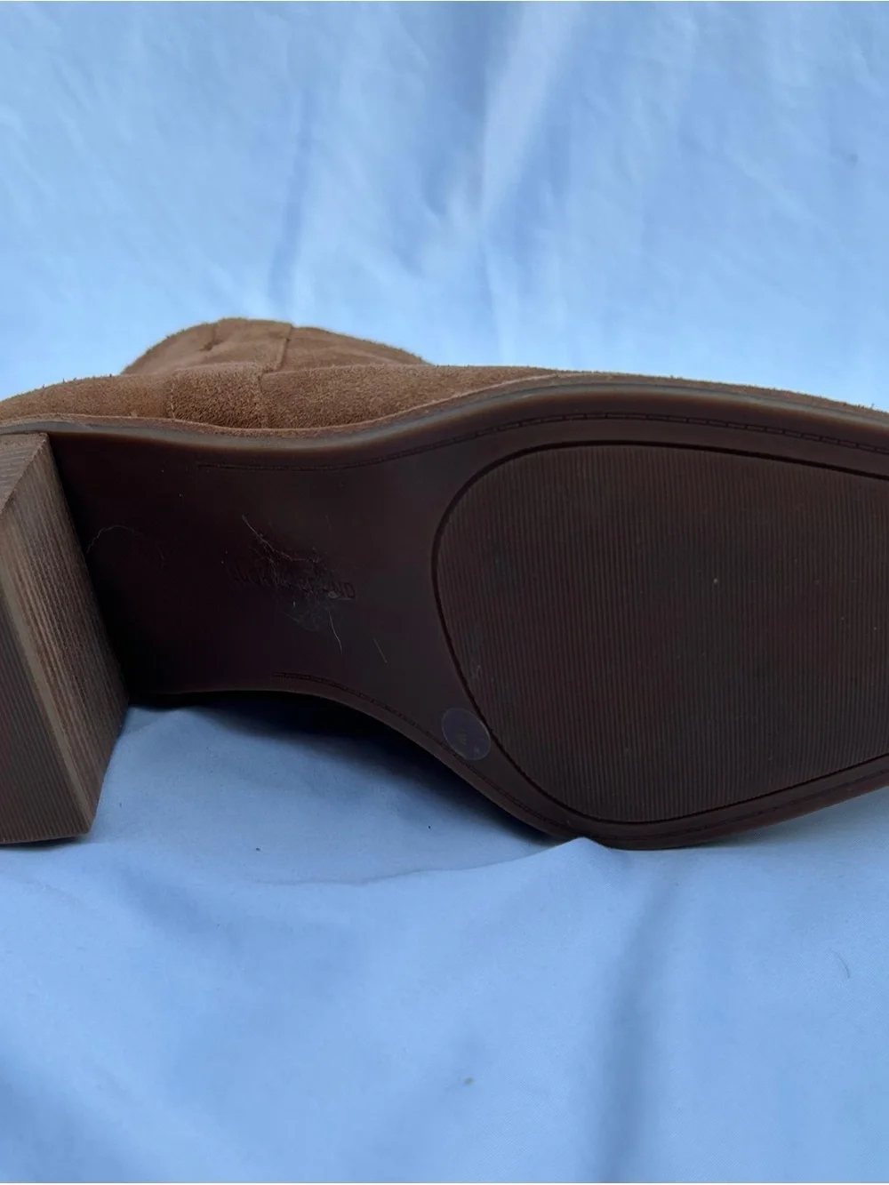 Lucky Brand Tan Suede Ankle Booties with Stacked Heel